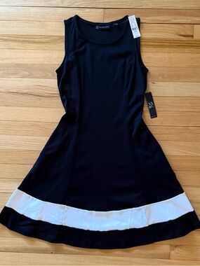 New York & Company Fit & Flare Black Dress with White Block Trim - Small